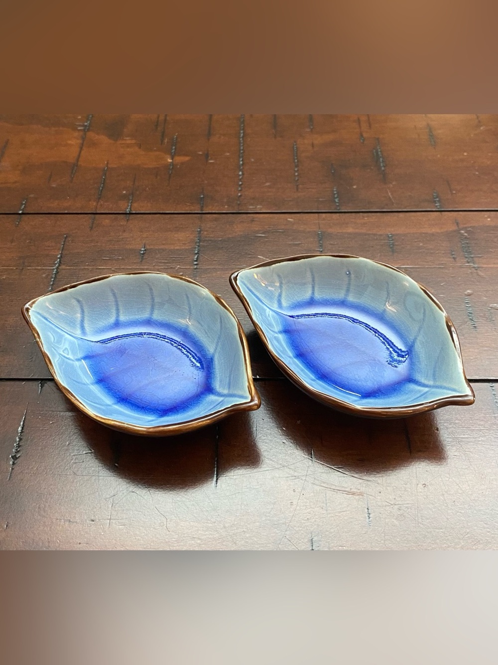 Pair Small Blue Ceramic Leaf Dishes - Sushi/Soy Sauce or Trinket Dish